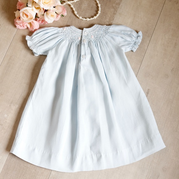 Smocked 100% Cotton LINEN Dress Blue Boutique Baby 6 Month Spring PERFECT - Picture 7 of 7